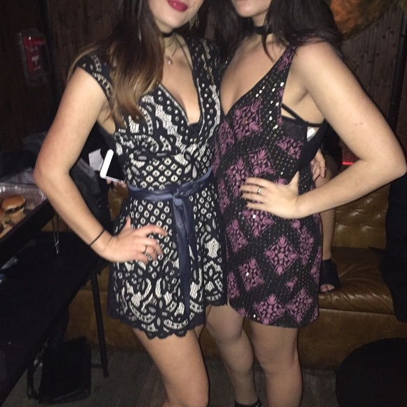 Free People micro mini lace overlay deep v cap sleeve dress - Picture 2 of 10